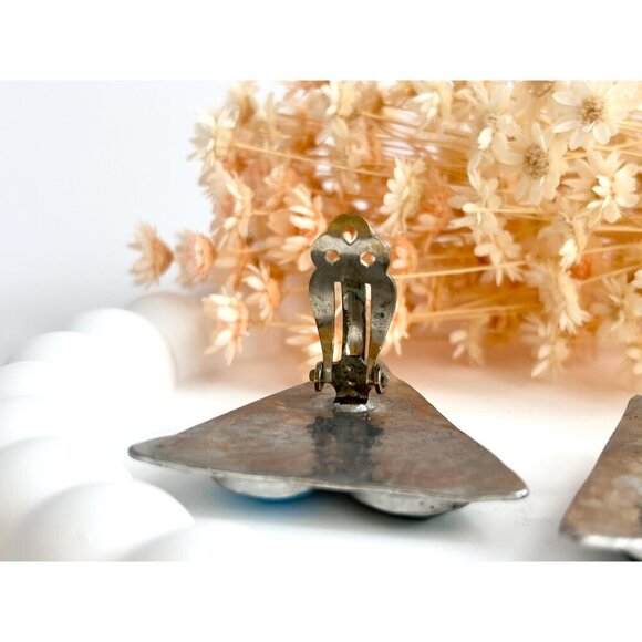 XL Hammered Pewter Turquoise & Coral Vintage Large Statement Earrings - Picture 8 of 10